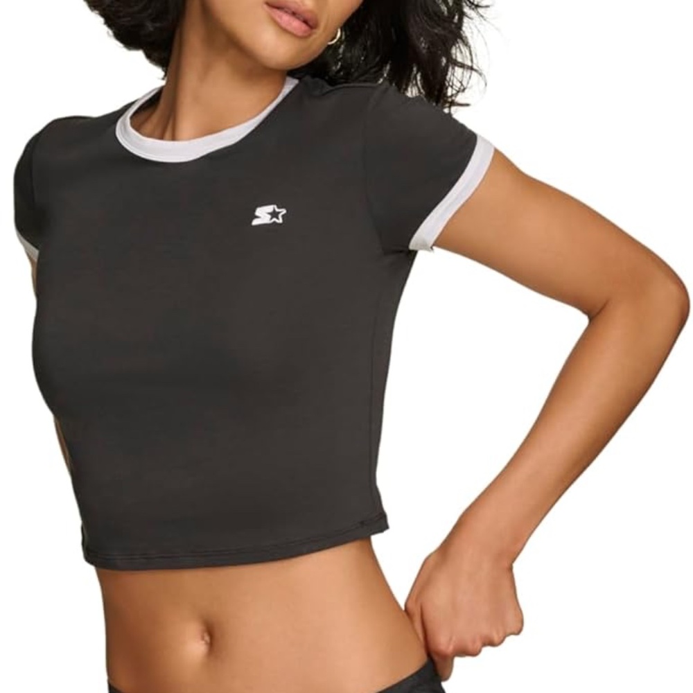 NWT STARTER Women's Cropped Ringer Baby T-Shirt Black /White Small
